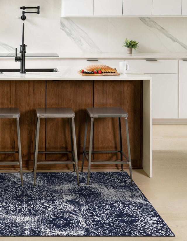 Navy Blue 7' 1 x 10' Sofia Rectangle Area Rug Durable Easy Clean Stain Resistant Unique Carpet for Affordable Interior Home Design for Sale at Rug Engine