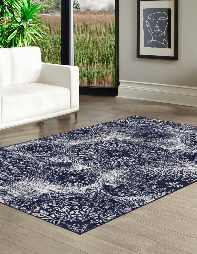 Navy Blue 4' 1 x 6' 1 Sofia Rectangle Area Rug Durable Easy Clean Stain Resistant Unique Carpet for Affordable Interior Home Design for Sale at Rug Engine