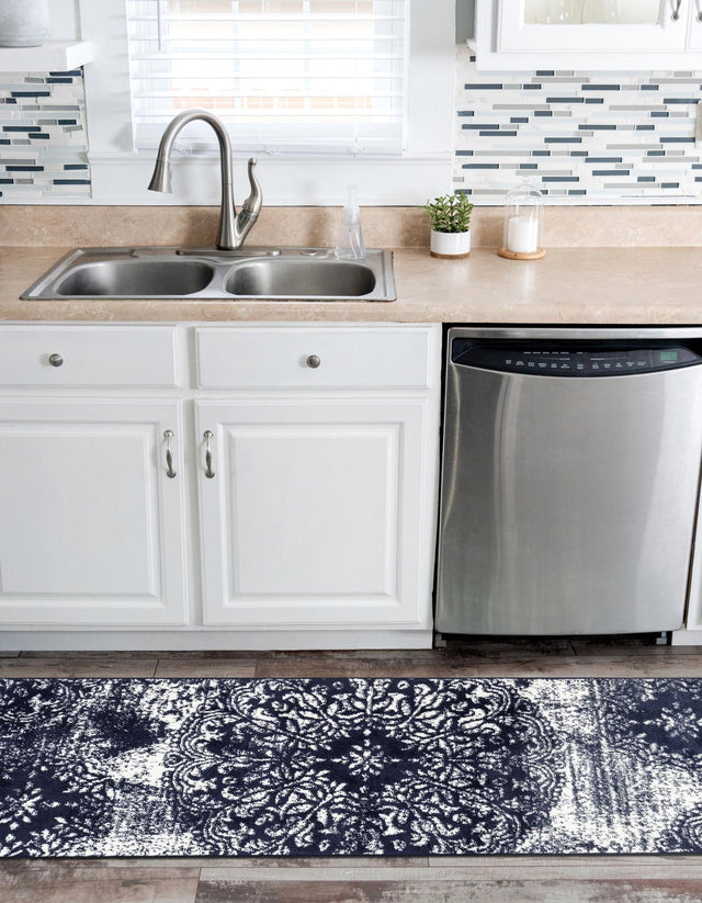 Navy Blue 2' x 13' 1 Sofia Runner Area Rug Durable Easy Clean Stain Resistant Unique Carpet for Affordable Interior Home Design for Sale at Rug Engine