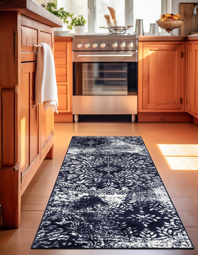 Navy Blue 3' 3 x 16' 5 Sofia Runner Area Rug Durable Easy Clean Stain Resistant Unique Carpet for Affordable Interior Home Design for Sale at Rug Engine