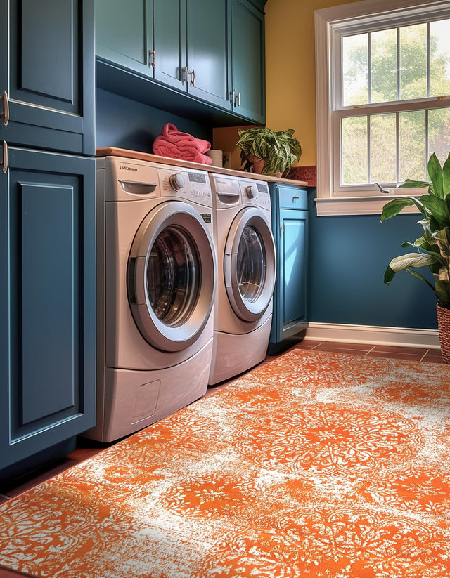 Orange 7' 10 x 11' Sofia Rectangle Area Rug Durable Easy Clean Stain Resistant Unique Carpet for Affordable Interior Home Design for Sale at Rug Engine