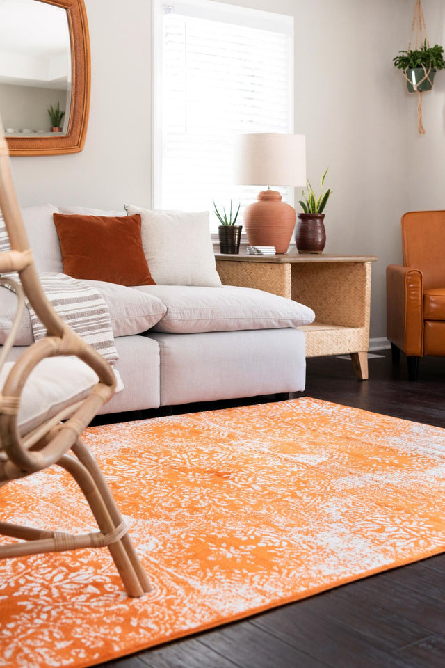 Orange 7' 10 x 10' Sofia Rectangle Area Rug Durable Easy Clean Stain Resistant Unique Carpet for Affordable Interior Home Design for Sale at Rug Engine