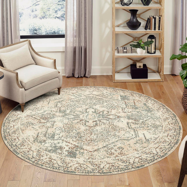 Multicolor 8' x 8' Tuareg Round Area Rug Vintage Inspired Distressed Look Durable Easy Clean Carpet for Unique Home Interiors for Sale at Rug Engine
