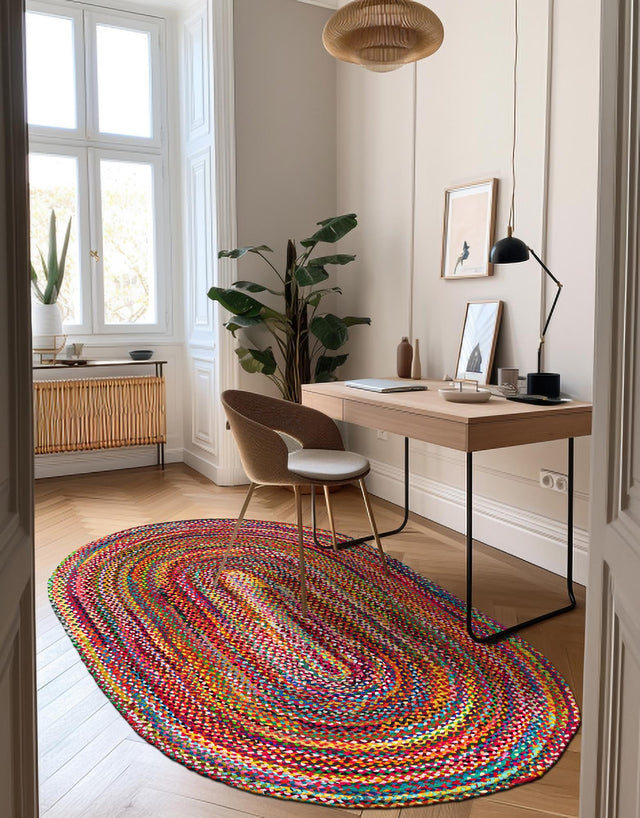 Multicolor 8' x 10' Braided Chindi Oval Area Rug 100% Cotton Hand Braided Natural Eco-Friendly Boho Style Modern Carpet for Living Rooms Dining Office Dorm for Sale at Rug Engine