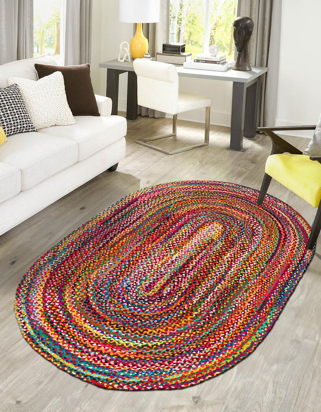 Multicolor 3' 3 x 5' 1 Braided Chindi Oval Area Rug 100% Cotton Hand Braided Natural Eco-Friendly Boho Style Modern Carpet for Living Rooms Dining Office Dorm for Sale at Rug Engine