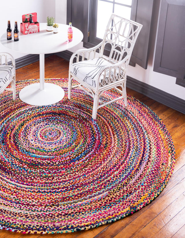 Multicolor 8' x 8' Braided Chindi Round Area Rug 100% Cotton Hand Braided Natural Eco-Friendly Boho Style Modern Carpet for Living Rooms Dining Office Dorm for Sale at Rug Engine