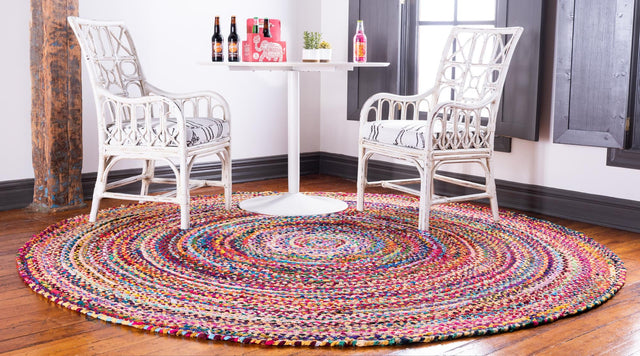 Multicolor 8' x 8' Braided Chindi Round Area Rug 100% Cotton Hand Braided Natural Eco-Friendly Boho Style Modern Carpet for Living Rooms Dining Office Dorm for Sale at Rug Engine