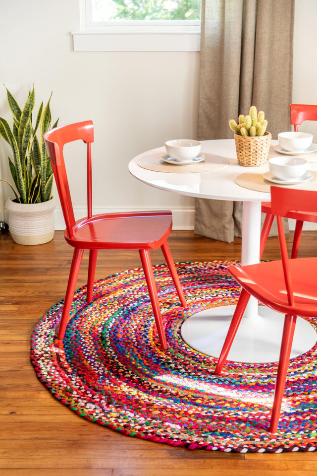 Multicolor 8' x 8' Braided Chindi Round Area Rug 100% Cotton Hand Braided Natural Eco-Friendly Boho Style Modern Carpet for Living Rooms Dining Office Dorm for Sale at Rug Engine