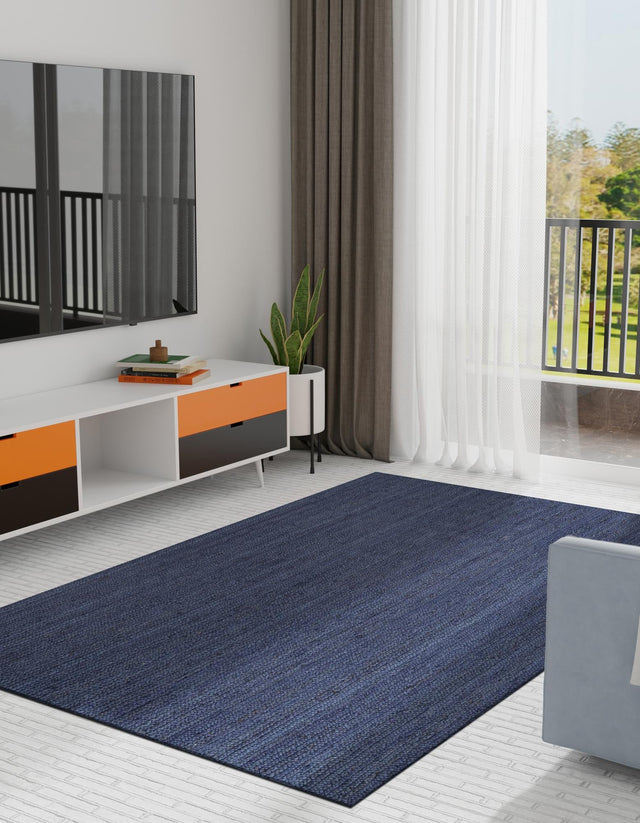 Navy Blue 9' x 12' Braided Jute Rectangle Area Rug 100% Jute Hand Braided Natural Eco-Friendly Boho Style Carpet for Living Rooms Dining Office Space Dorms for Sale at Rug Engine