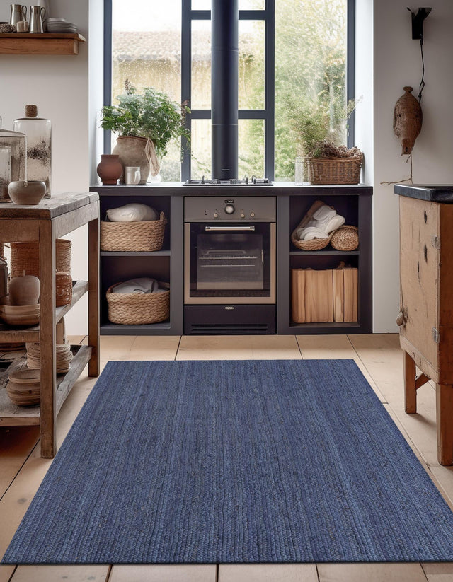 Navy Blue 8' x 10' Braided Jute Rectangle Area Rug 100% Jute Hand Braided Natural Eco-Friendly Boho Style Carpet for Living Rooms Dining Office Space Dorms for Sale at Rug Engine
