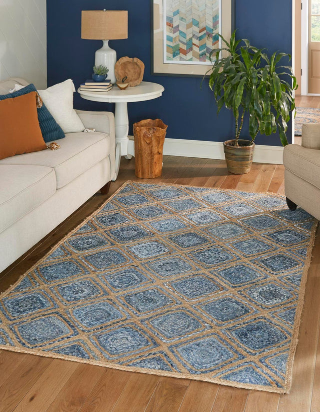 Blue 4' 1 x 6' 1 Braided Jute Rectangle Area Rug 100% Jute Hand Braided Natural Eco-Friendly Boho Style Carpet for Living Rooms Dining Office Space Dorms for Sale at Rug Engine