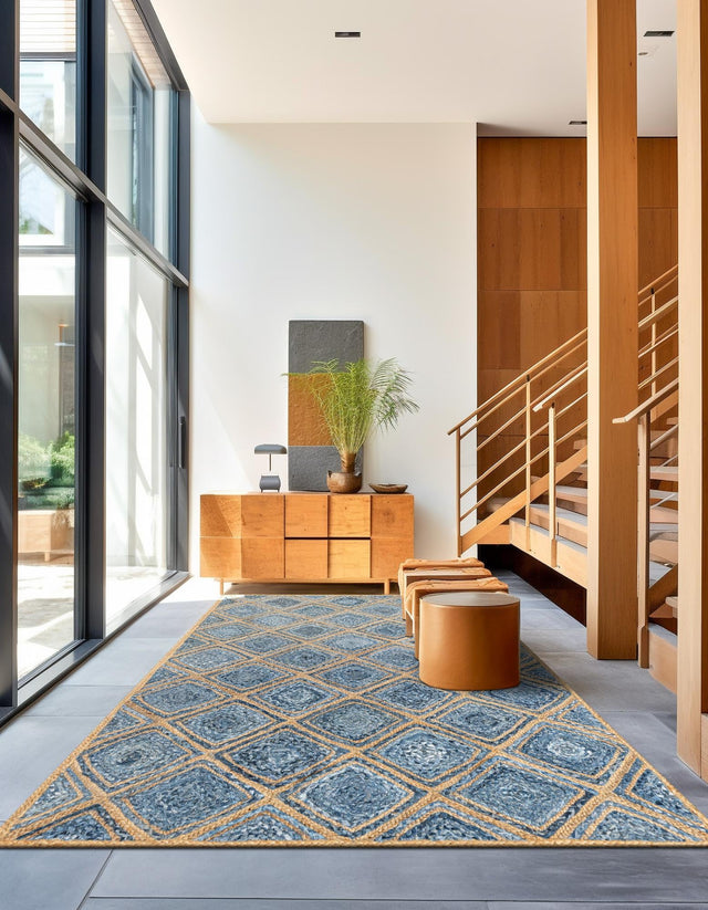 Blue 9' x 12' 2 Braided Jute Rectangle Area Rug 100% Jute Hand Braided Natural Eco-Friendly Boho Style Carpet for Living Rooms Dining Office Space Dorms for Sale at Rug Engine