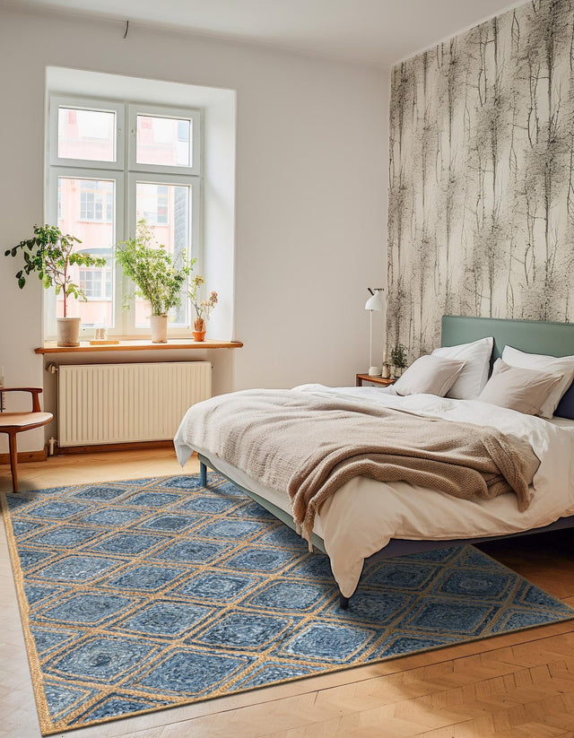 Blue 9' x 12' 2 Braided Jute Rectangle Area Rug 100% Jute Hand Braided Natural Eco-Friendly Boho Style Carpet for Living Rooms Dining Office Space Dorms for Sale at Rug Engine
