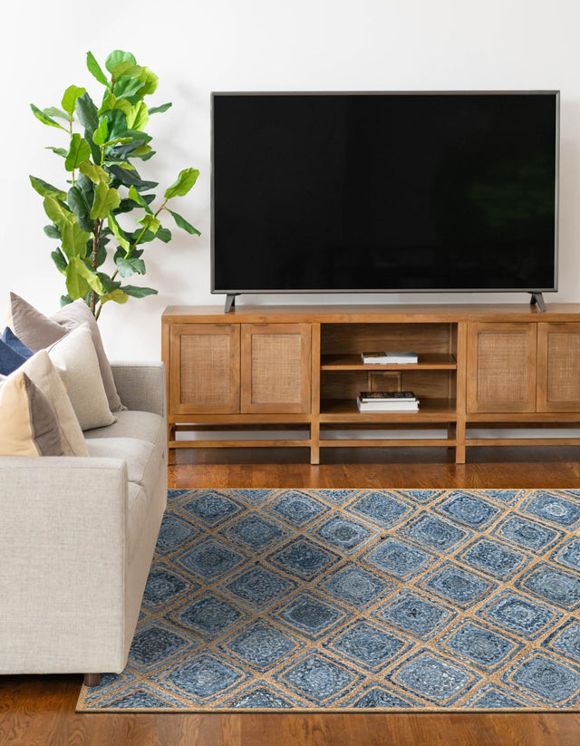 Blue 8' x 10' Braided Jute Rectangle Area Rug 100% Jute Hand Braided Natural Eco-Friendly Boho Style Carpet for Living Rooms Dining Office Space Dorms for Sale at Rug Engine