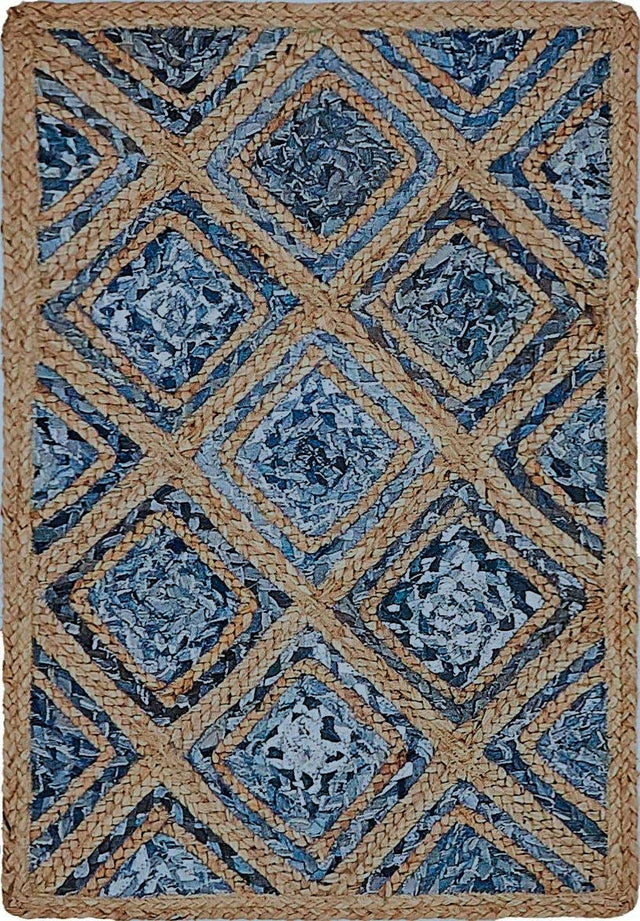 Blue 2' x 3' 1 Braided Jute Rectangle Area Rug 100% Jute Hand Braided Natural Eco-Friendly Boho Style Carpet for Living Rooms Dining Office Space Dorms for Sale at Rug Engine