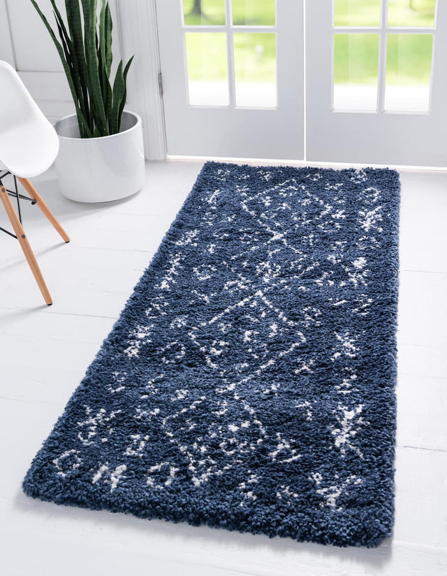 Navy Blue 2' 7 x 10' Rabat Shag Runner Area Rug Thick Soft Touch Fluffy & Plush Shaggy Pile Durable Geometric Carpet for Luxury Interior Design for Sale at Rug Engine