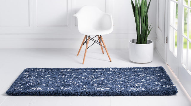 Navy Blue 2' 7 x 10' Rabat Shag Runner Area Rug Thick Soft Touch Fluffy & Plush Shaggy Pile Durable Geometric Carpet for Luxury Interior Design for Sale at Rug Engine
