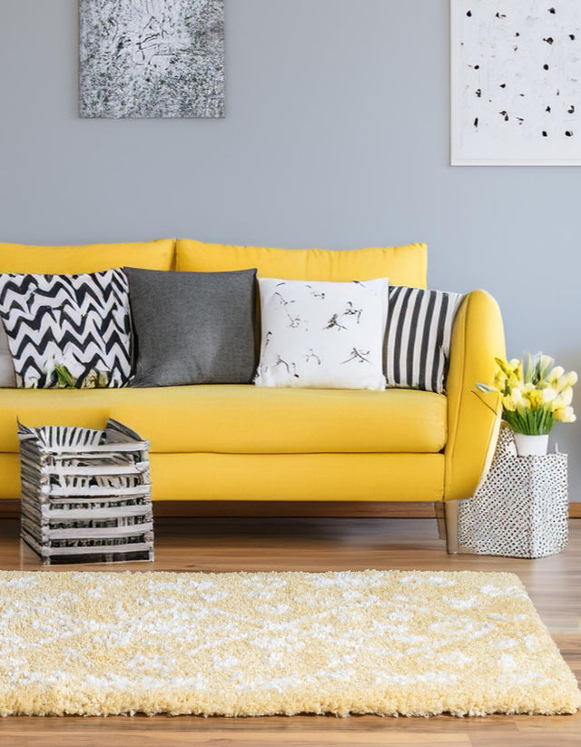 Yellow 2' 7 x 10' Rabat Shag Runner Area Rug Thick Soft Touch Fluffy & Plush Shaggy Pile Durable Geometric Carpet for Luxury Interior Design for Sale at Rug Engine