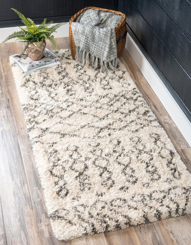 Pure Ivory 2' x 5' 1 Rabat Shag Runner Area Rug Thick Soft Touch Fluffy & Plush Shaggy Pile Durable Geometric Carpet for Luxury Interior Design for Sale at Rug Engine