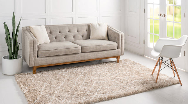 Taupe 5' 1 x 8' Rabat Shag Rectangle Area Rug Thick Soft Touch Fluffy & Plush Shaggy Pile Durable Geometric Carpet for Luxury Interior Design for Sale at Rug Engine