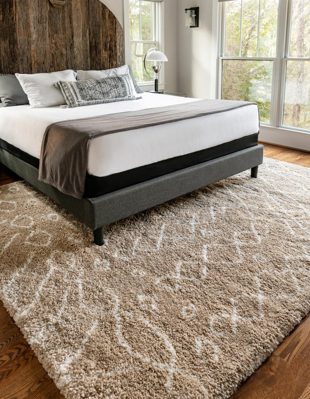 Taupe 6' 1 x 9' Rabat Shag Rectangle Area Rug Thick Soft Touch Fluffy & Plush Shaggy Pile Durable Geometric Carpet for Luxury Interior Design for Sale at Rug Engine
