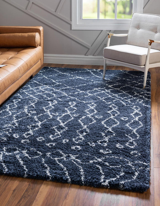 Navy Blue 4' 1 x 6' 1 Rabat Shag Rectangle Area Rug Thick Soft Touch Fluffy & Plush Shaggy Pile Durable Geometric Carpet for Luxury Interior Design for Sale at Rug Engine