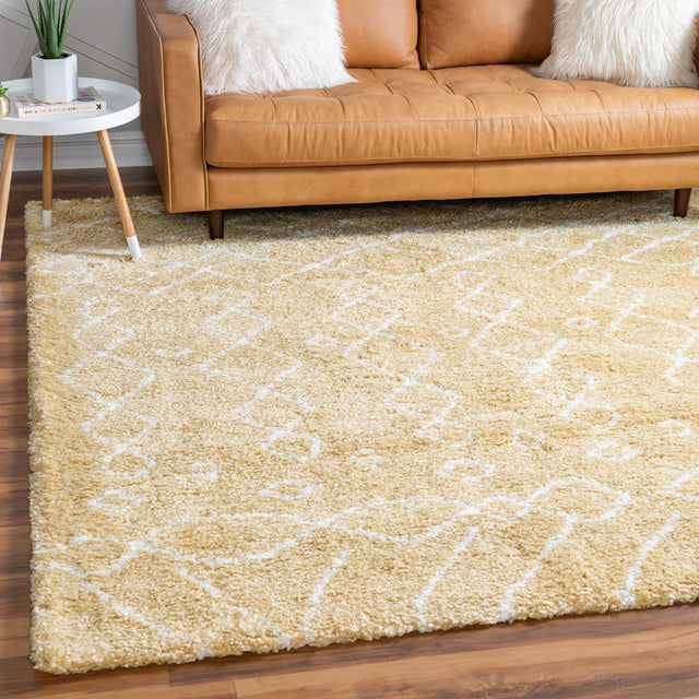 Yellow 8' x 8' Rabat Shag Square Area Rug Thick Soft Touch Fluffy & Plush Shaggy Pile Durable Geometric Carpet for Luxury Interior Design for Sale at Rug Engine