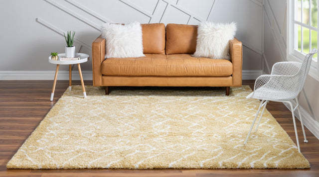 Yellow 8' x 8' Rabat Shag Square Area Rug Thick Soft Touch Fluffy & Plush Shaggy Pile Durable Geometric Carpet for Luxury Interior Design for Sale at Rug Engine