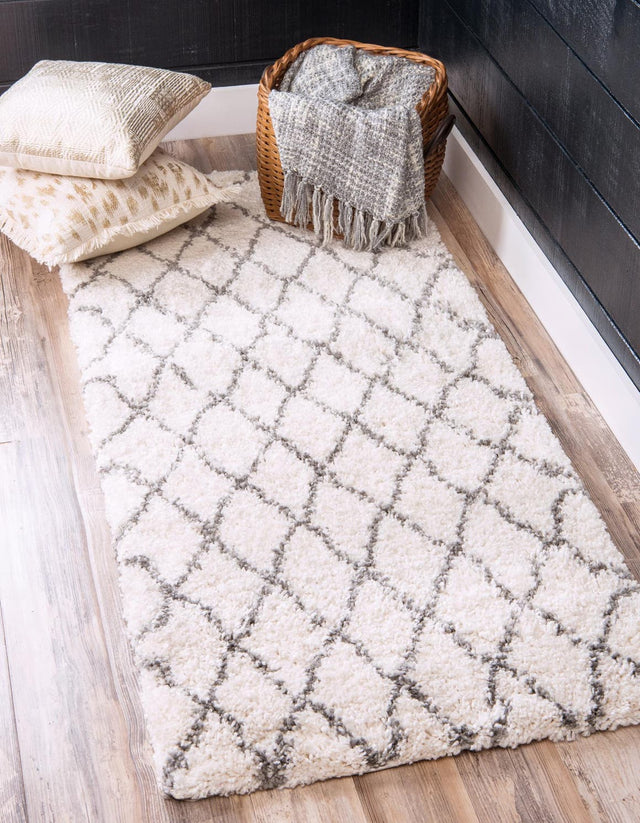 Pure Ivory 2' x 4' 1 Rabat Shag Runner Area Rug Thick Soft Touch Fluffy & Plush Shaggy Pile Durable Geometric Carpet for Luxury Interior Design for Sale at Rug Engine
