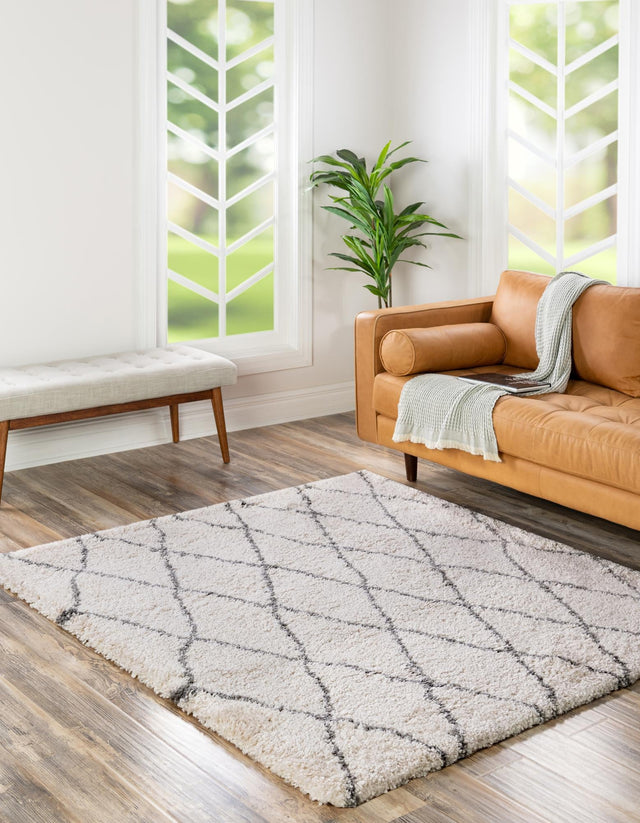 Pure Ivory 5' 3 x 5' 3 Rabat Shag Square Area Rug Thick Soft Touch Fluffy & Plush Shaggy Pile Durable Geometric Carpet for Luxury Interior Design for Sale at Rug Engine