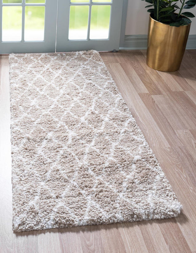 Taupe 2' 7 x 10' Rabat Shag Runner Area Rug Thick Soft Touch Fluffy & Plush Shaggy Pile Durable Geometric Carpet for Luxury Interior Design for Sale at Rug Engine