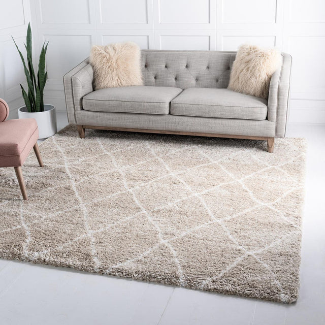 Taupe 8' x 8' Rabat Shag Square Area Rug Thick Soft Touch Fluffy & Plush Shaggy Pile Durable Geometric Carpet for Luxury Interior Design for Sale at Rug Engine