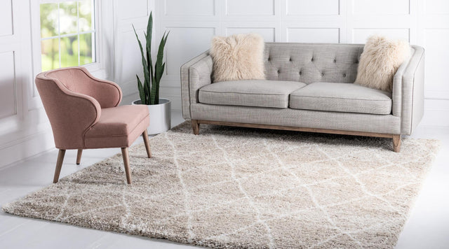 Taupe 8' x 8' Rabat Shag Square Area Rug Thick Soft Touch Fluffy & Plush Shaggy Pile Durable Geometric Carpet for Luxury Interior Design for Sale at Rug Engine