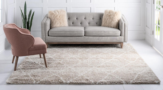 Taupe 8' x 8' Rabat Shag Square Area Rug Thick Soft Touch Fluffy & Plush Shaggy Pile Durable Geometric Carpet for Luxury Interior Design for Sale at Rug Engine