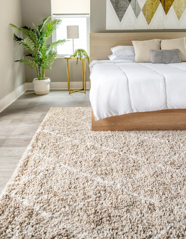 Taupe 5' 1 x 8' Rabat Shag Rectangle Area Rug Thick Soft Touch Fluffy & Plush Shaggy Pile Durable Geometric Carpet for Luxury Interior Design for Sale at Rug Engine