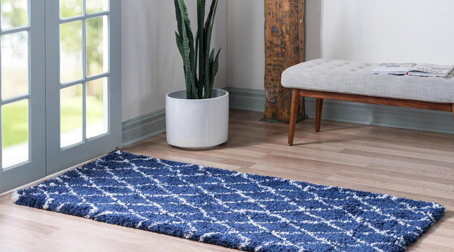 Navy Blue 2' 7 x 6' Rabat Shag Runner Area Rug Thick Soft Touch Fluffy & Plush Shaggy Pile Durable Geometric Carpet for Luxury Interior Design for Sale at Rug Engine