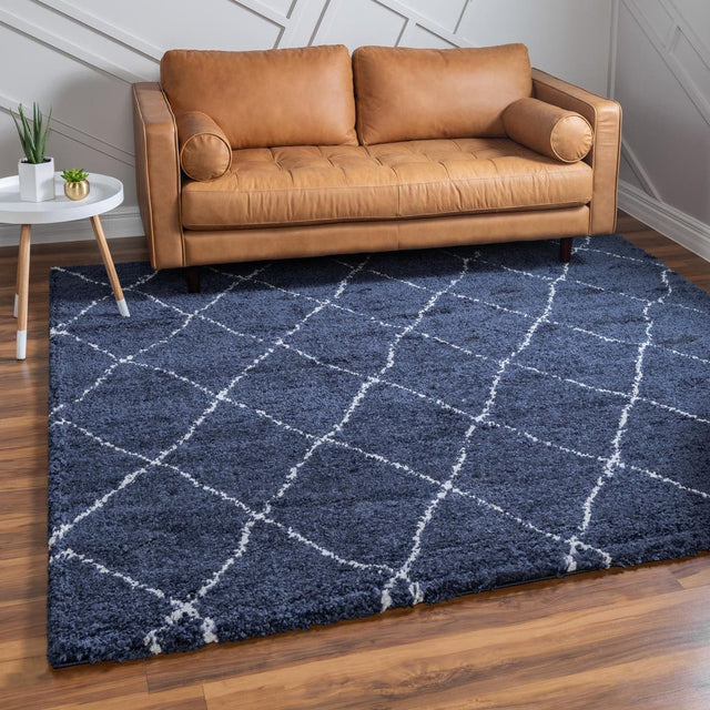 Navy Blue 8' x 8' Rabat Shag Square Area Rug Thick Soft Touch Fluffy & Plush Shaggy Pile Durable Geometric Carpet for Luxury Interior Design for Sale at Rug Engine