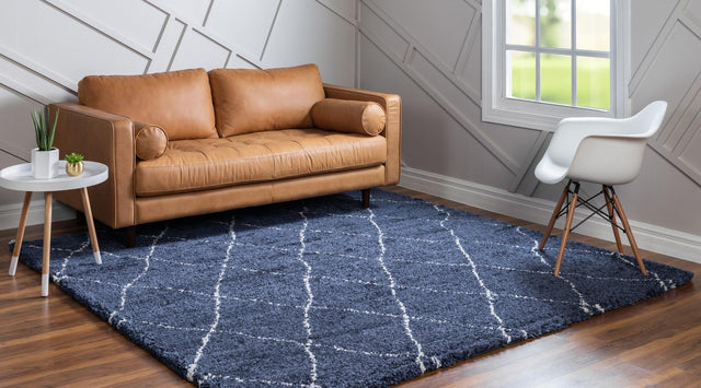 Navy Blue 8' x 8' Rabat Shag Square Area Rug Thick Soft Touch Fluffy & Plush Shaggy Pile Durable Geometric Carpet for Luxury Interior Design for Sale at Rug Engine