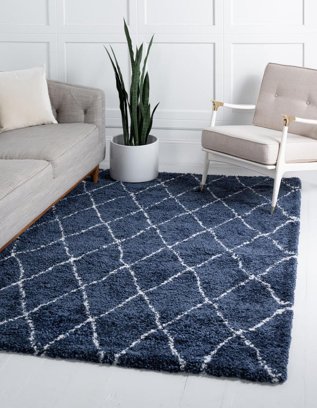 Navy Blue 8' x 10' Rabat Shag Rectangle Area Rug Thick Soft Touch Fluffy & Plush Shaggy Pile Durable Geometric Carpet for Luxury Interior Design for Sale at Rug Engine