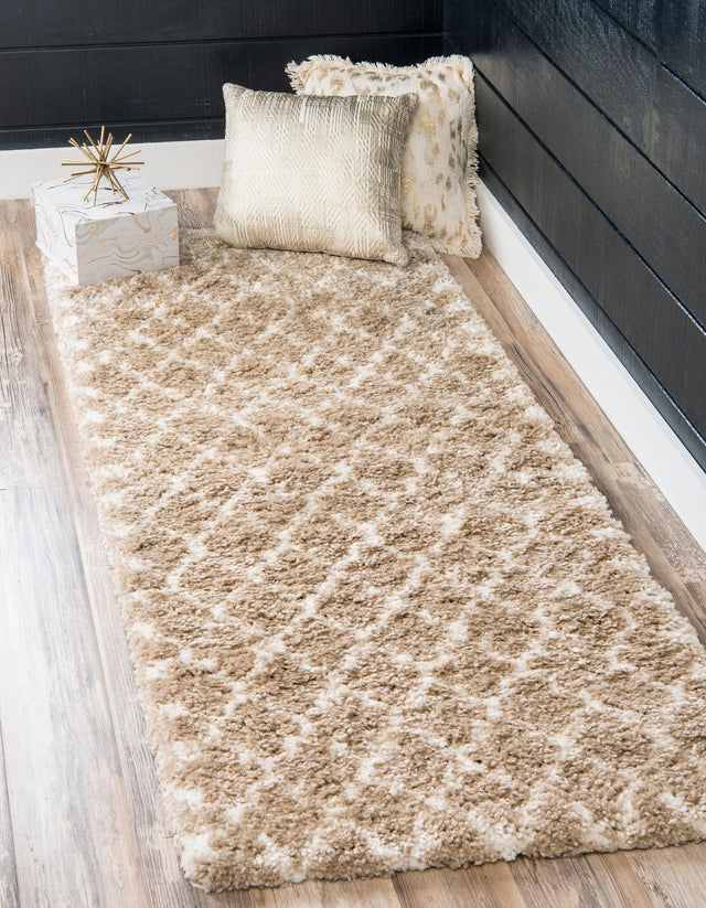 Taupe 2' 7 x 6' 1 Rabat Shag Runner Area Rug Thick Soft Touch Fluffy & Plush Shaggy Pile Durable Geometric Carpet for Luxury Interior Design for Sale at Rug Engine