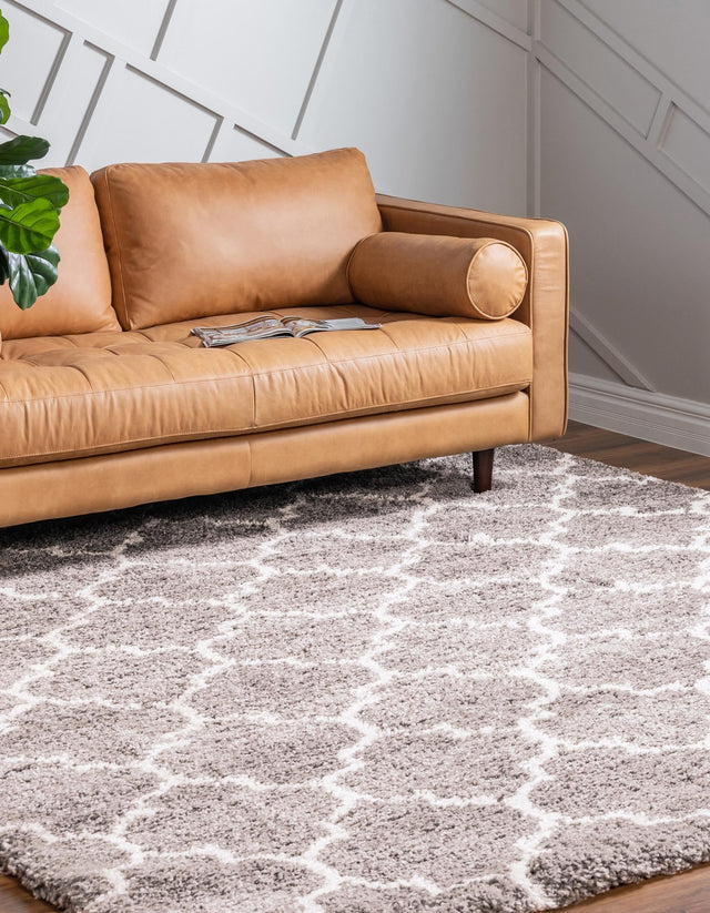 Taupe 8' x 8' Rabat Shag Square Area Rug Thick Soft Touch Fluffy & Plush Shaggy Pile Durable Geometric Carpet for Luxury Interior Design for Sale at Rug Engine