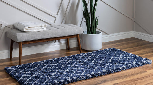 Navy Blue 2' 7 x 6' 1 Rabat Shag Runner Area Rug Thick Soft Touch Fluffy & Plush Shaggy Pile Durable Geometric Carpet for Luxury Interior Design for Sale at Rug Engine