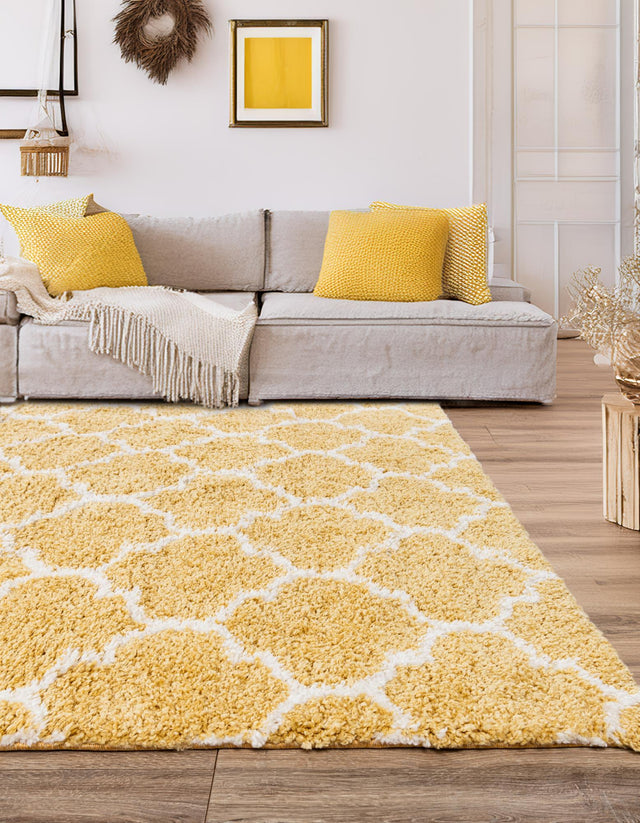 Yellow 8' x 8' Rabat Shag Square Area Rug Thick Soft Touch Fluffy & Plush Shaggy Pile Durable Geometric Carpet for Luxury Interior Design for Sale at Rug Engine
