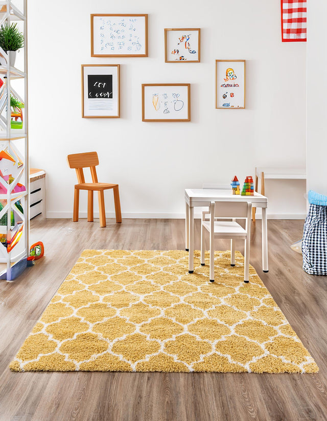 Yellow 8' x 8' Rabat Shag Square Area Rug Thick Soft Touch Fluffy & Plush Shaggy Pile Durable Geometric Carpet for Luxury Interior Design for Sale at Rug Engine
