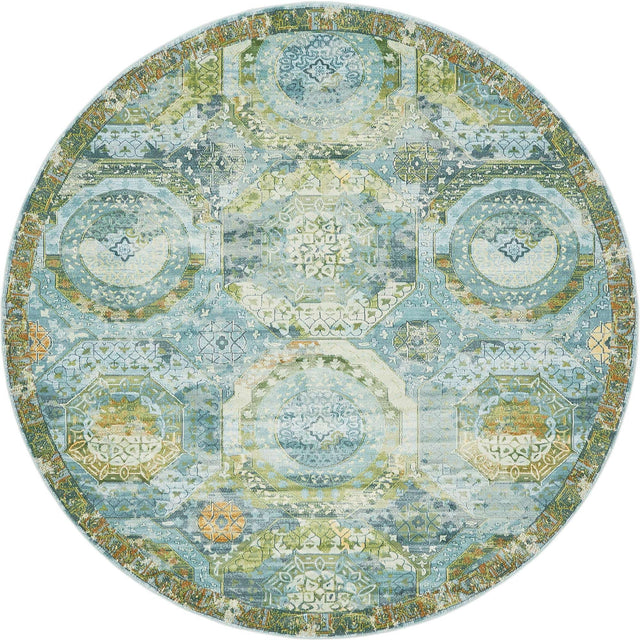 Light Blue 8' x 8' Baracoa Round Area Rug 100% Polypropylene Distressed Vintage Living Dining Room Office Traditional Carpet for Sale at Rug Engine