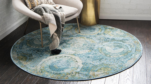 Light Blue 8' x 8' Baracoa Round Area Rug 100% Polypropylene Distressed Vintage Living Dining Room Office Traditional Carpet for Sale at Rug Engine