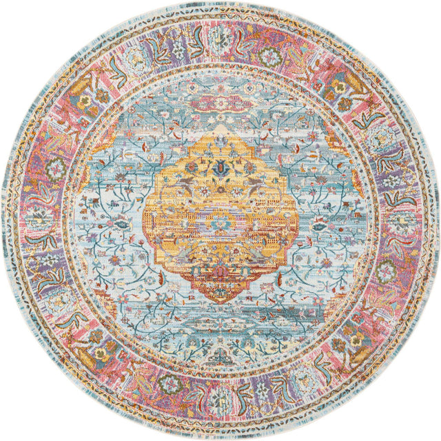 Light Blue 8' x 8' Baracoa Round Area Rug 100% Polypropylene Distressed Vintage Living Dining Room Office Traditional Carpet for Sale at Rug Engine