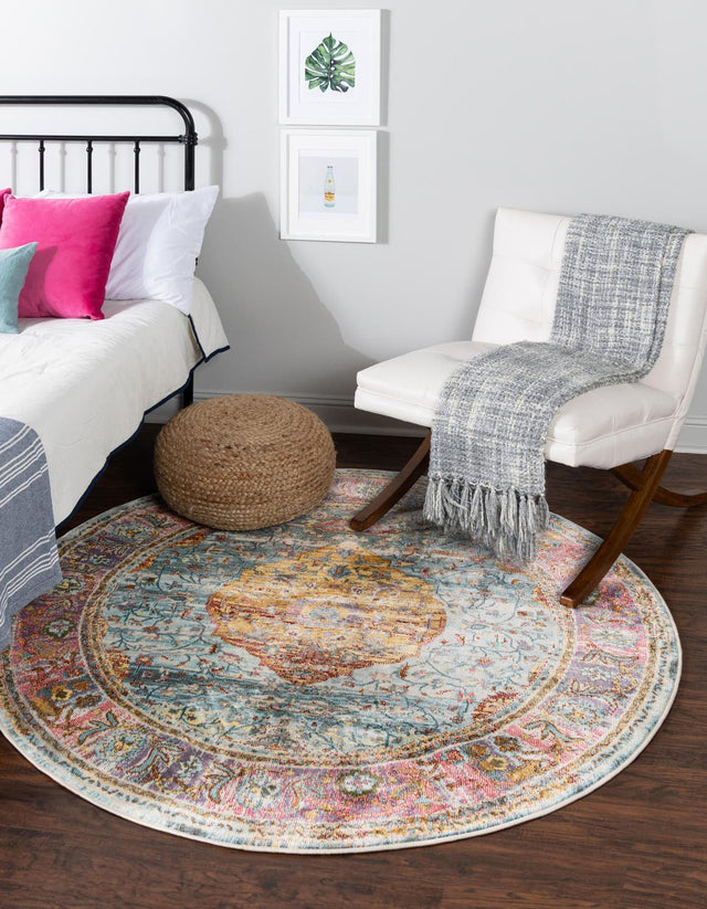 Light Blue 5' 5 x 5' 5 Baracoa Round Area Rug 100% Polypropylene Distressed Vintage Living Dining Room Office Traditional Carpet for Sale at Rug Engine