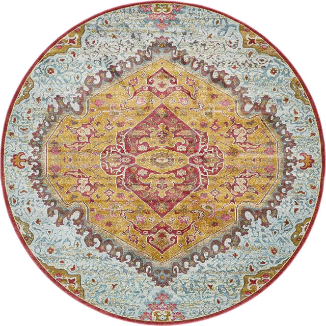 Gold 8' x 8' Baracoa Round Area Rug 100% Polypropylene Distressed Vintage Living Dining Room Office Traditional Carpet for Sale at Rug Engine