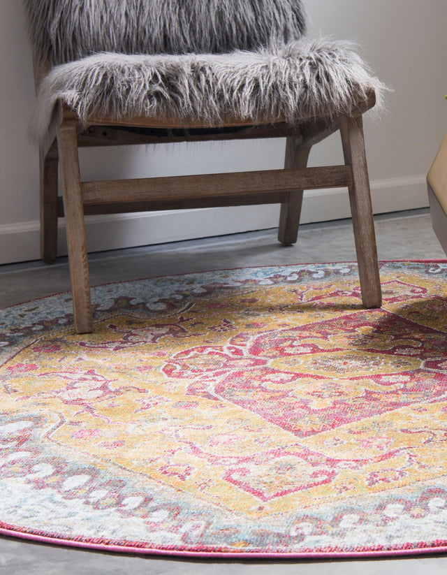 Gold 8' x 8' Baracoa Round Area Rug 100% Polypropylene Distressed Vintage Living Dining Room Office Traditional Carpet for Sale at Rug Engine